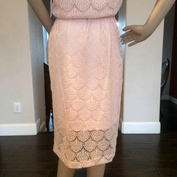 Jessica Simpson Lace Midi Dress Size 8 Blush Pink Scalloped Chain Collar Belted - Picture 5 of 16